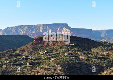 View of residential neighbourhoods in the Arizona desert landscape in Sedona as seen from Cathedral Rock Stock Photo