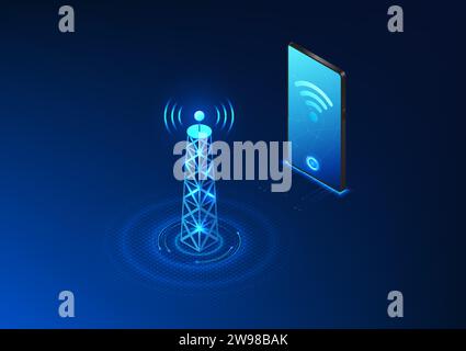 Transmission tower technology, Signal antenna that goes into smartphones that receive internet signals Give your mobile phone access to communications Stock Vector