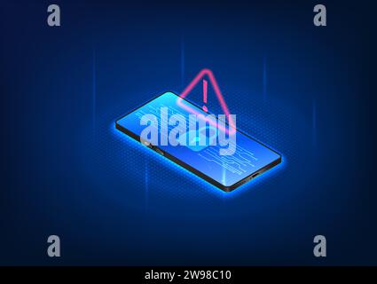 Smartphone technology that has a cyber protection system to prevent data from being stolen and damaged. Mobile screen lock with alert symbol is being Stock Vector