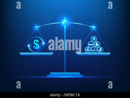 Weighing scale Weighing money with icons representing work, investing, and saving money in exchange for money for future expenses. Vector illustration Stock Vector