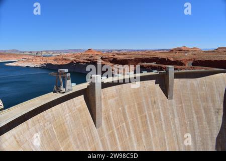 View of the majestic Glen Canyon Dam structure near Page, AZ Stock Photo