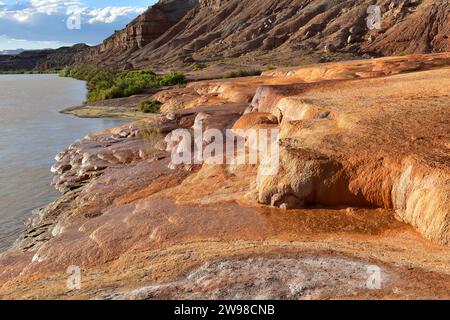 Mineral deposits downstream from the Crystal Geyser in Green River, Utah Stock Photo