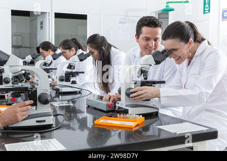 Scientists examining microscope, in laboratory room, with partner helping Stock Photo