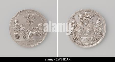 Inauguration of the Prince and Princess of Orange to Lord and Lady of the Baronie van Breda, Nicolaas van Swinderen, 1737 history medal Silver medal. Front: prince with commandostaf and princess sitting in floats, pulled by a lion and a unicorn, custodially held up above it by two -playing angels in Covering; cut; inscription. Reverse: Two coats of arms under a crown flanked by two crowned lions within Kischragen. The Hague silver (metal) striking (metalworking)  Breda Stock Photo