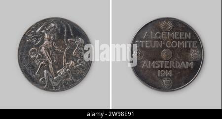General Support Committee in Amsterdam, 1914, M. Vreugde, 1914 history medal Silver medal. Front: Woman with whip and sword, representing the war, punishes two other women, a lying, the other kneeling. Reverse: Five round medallions with grapes, apples, pears, ears and money grants; In between inscription; corresponding salmon -colored, round cardboard box with inscription on top lid; Inside lid and bottom covered with burgundy red velvet. Utrecht silver (metal). cardboard. velvet (fabric weave) striking (metalworking)  Amsterdam Stock Photo