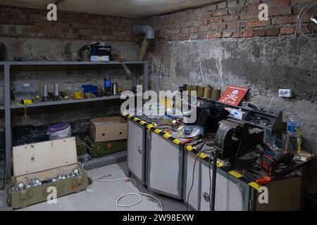 Interior of the ammunition elaboration workshop. On 10th September 2023, the Ukrainian authorities announced the obligatory evacuation of settlements in the area of Kupiansk, on the east bank of the river Oskol - including parts of Kupiansk itself. Less than a year after being liberated by the Ukrainian army, the town and its suburbs, being an important railway and road junction connected directly to Russia itself, again became an important military objective, endangered by the Russian offensive. (Photo by Amadeusz Swierk/SOPA Images/Sipa USA) Stock Photo