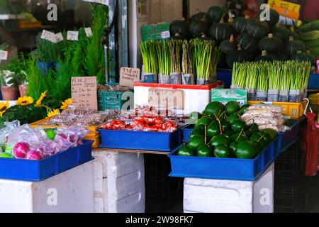 Various products for sale at the shop in the local market at Kea Farm Stock Photo