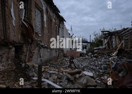 Kupiansk, Ukraine. 8th Oct, 2023. Recently shelled houses on Kharkivska street. On 10th September 2023, the Ukrainian authorities announced the obligatory evacuation of settlements in the area of Kupiansk, on the east bank of the river Oskol ''” including parts of Kupiansk itself. Less than a year after being liberated by the Ukrainian army, the town and its suburbs, being an important railway and road junction connected directly to Russia itself, again became an important military objective, endangered by the Russian offensive. (Credit Image: © Amadeusz Swierk/SOPA Images via ZUMA Press Wir Stock Photo