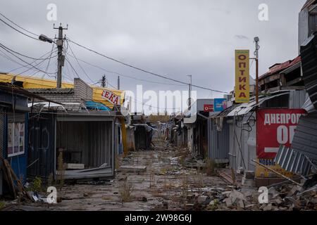 Kupiansk, Ukraine. 8th Oct, 2023. Destroyed commercial buildings in the city centre. On 10th September 2023, the Ukrainian authorities announced the obligatory evacuation of settlements in the area of Kupiansk, on the east bank of the river Oskol ''” including parts of Kupiansk itself. Less than a year after being liberated by the Ukrainian army, the town and its suburbs, being an important railway and road junction connected directly to Russia itself, again became an important military objective, endangered by the Russian offensive. (Credit Image: © Amadeusz Swierk/SOPA Images via ZUMA Pres Stock Photo