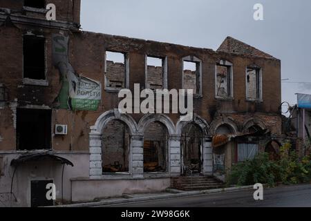 Kupiansk, Ukraine. 8th Oct, 2023. Destroyed commercial buildings in the city centre. On 10th September 2023, the Ukrainian authorities announced the obligatory evacuation of settlements in the area of Kupiansk, on the east bank of the river Oskol ''” including parts of Kupiansk itself. Less than a year after being liberated by the Ukrainian army, the town and its suburbs, being an important railway and road junction connected directly to Russia itself, again became an important military objective, endangered by the Russian offensive. (Credit Image: © Amadeusz Swierk/SOPA Images via ZUMA Pres Stock Photo