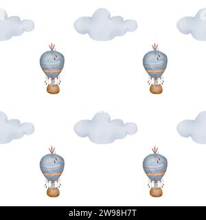 Boho balloon pattern with bunnies in a basket and clouds. Watercolor seamless background for children in gentle colors. Cute print for children's Stock Photo