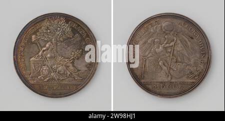 Start of the year 1750, Johan George Holtzhey, 1750  Silver medal. Front: Netherlands, depicted as a woman with freedom hat on lance and olive branch and sacrificial dish, is under fruit -bearing Oranjeboom; At her feet a lion with a bundle of arrows; With her right arm she leans on altar within Kantschrift; Cut: Inscription. Reverse: winged time with scyth in hand sits on a large suit, next to a stone with coat of arms on it; He draws a semicircle with a passer with a passer; On the right a torch, a dead beef, a yoke and other symbols of disaster in change; Cut: year Amsterdam silver (metal) Stock Photo
