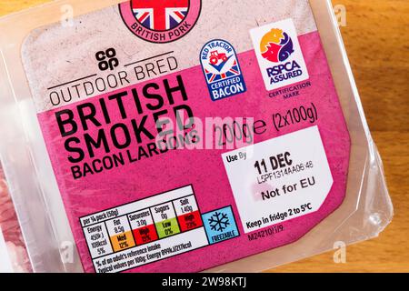 A packet of Co-Op Outdoor Bred British Smoked Bacon Lardons with a Not For EU label. Stock Photo