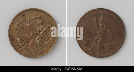 Peace of Nijmegen between France and the Emperor, Anonymous, 1679 copy. history medal Bronze medal. Front: Peace plays on Harp; At her feet lion with a sword, co -laid; In the background, Arend and Haan together hold olive branch in Covering. Reverse: Peace binds with chain bundle of arrows together; To the left of her extinguished torch, on the right a potting farmer in the change.  bronze (metal) striking (metalworking)  Nijmegen Stock Photo