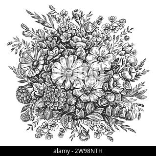 Flowers and wildflowers, vintage style engraving. Hand drawn illustration isolated for greeting card design Stock Photo