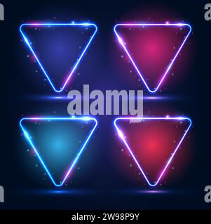 Triangular neon frames with shining effects, highlights and inscriptions on a dark background. Stock Vector