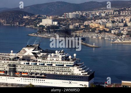 Pollution from cruise ships, the Celebrity Infinity from Celebrity Cruises and MSC Musica in the cruise harbour. The MSC Musica blows dark exhaust Stock Photo