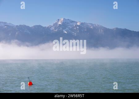 Morning atmosphere at the Forggensee, near Fuessen, Ostallgaeu, Allgaeu, behind the Tegelberg, 1881m, Ammergau Alps, Bavaria, Germany Stock Photo