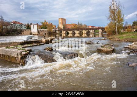 Puente Mayor crossing the Pisuerga River in the monumental city of Valladolid, Spain. Stock Photo