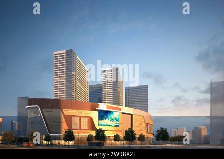 3D RENDER OF SHOPPING MALL BUILDINGS EXTERIOR Stock Photo