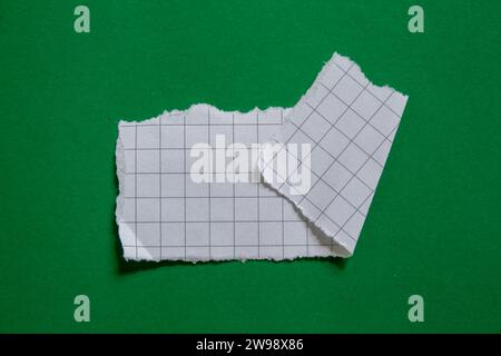 Ripped paper piece on green background. Torn paper with copy space. Stock Photo