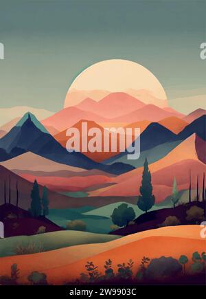 Lake mountains sunset landscape illustration wild natural background ...