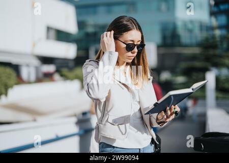 Business professionals brainstorming, collaborating, and using technology to drive business expansion and profit growth in a bustling city. Stock Photo