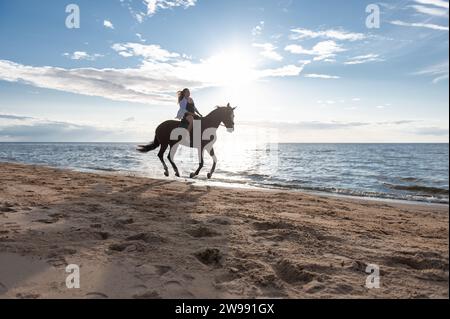 A beautiful young woman riding her horse through the water on a sunny beach Stock Photo