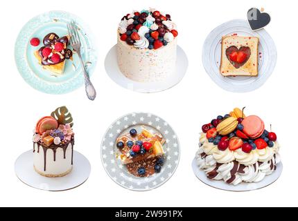 Set of isolated homemade desserts and cakes with fresh berries. Toast, pavlova, slice of cheesecake and cakes on colorful plates. Ideas for menu Stock Photo