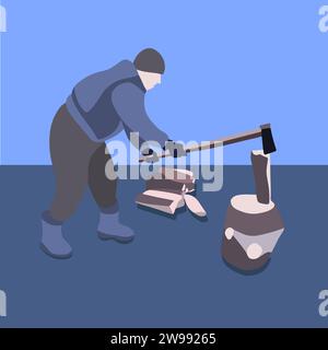 Vector isolated illustration of a man chopping wood. Stock Vector