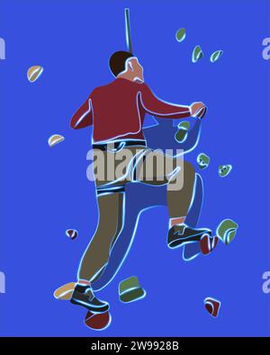 Vector isolated illustration of a man on a climbing wall. Bouldering. The boy climbs the wall on the climbing wall. Training of climbers. Stock Vector