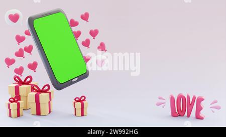 Smartphone with green screen amidst romantic gifts. Stock Photo