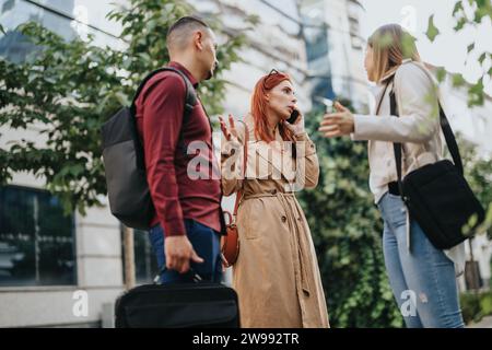 Diverse group brainstorming business ideas in an urban city. Collaborating on marketing strategy and problem solving. Stock Photo