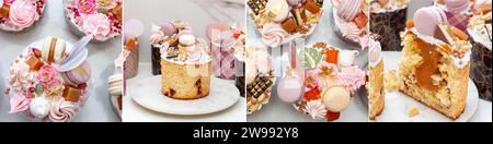 Collage with beautiful traditional orthodox cakes decorated with glaze, meringues, chocolate, nuts, toffees, eggs and bunny hairs Stock Photo
