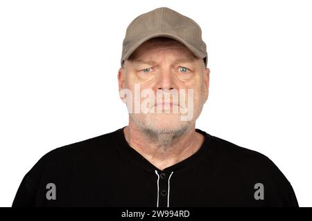 Confident Middle-Aged Caucasian Man in Baseball Cap - Studio Portrait on White Background Stock Photo