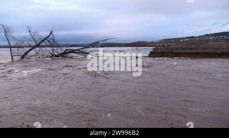 Weihnachtsdrama in den Hochwassergebieten in Nordthüringen. Die Ortschaft Windehausen Gemeinde Heringen/Helme wird seit Heiligabend auf freiwilliger Basis evakuiert. Das Wasser steht im gesamten Ort. Der Strom wurde abgeschalten und auch das Wasser und Abwasser funktioniert nicht. D.h. seit Heiligabend ist ein Wohnen in der Ortschaft nicht möglich. Die Ortschaft gleicht einer Geisterstadt. Überall sind die Lichter aus. Das THW tastet sich durch den Ort und evakuiert Menschen - sofern sie überhaupt mit wollen. Immer wieder gibt es Lautsprecherdurchsagen, dass man den Ort verlassen soll. Nur wen Stock Photo