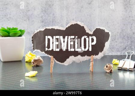Develop word written on wood block. Develop text on cement table for your desing, concept Stock Photo