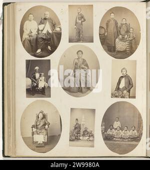 Javanese dignitaries, Woodbury & Page, 1863 - 1866 photograph Album magazine with nine studio portraits of Javanese dignitaries with their children and wives and some Chinese. Includes a portrait of the Regent van Tegal. Part of the second green photo album with photos of Java, from the possession of pharmacist Specht-Grijp, who returned to the Netherlands from Batavia in 1865. Batavia photographic support. cardboard albumen print ruler, sovereign. historical persons not known by name. historical persons not known by name - BB - woman Batavia Stock Photo