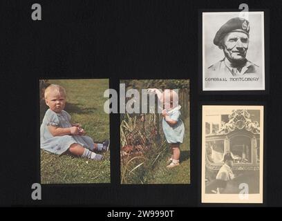 Beatrix, Juliana and Montgomery, Bernhard (Prince of the Netherlands), 1939 - 1945 photograph Loose in the back of the album two melinex folders with three postcards from Princess Beatrix as a toddler (summer 1939) and of Princess Juliana in a carriage and a photo of a drawing by General Montgomery. Part of the photo album about the Van Oranje-Nassau family at the time of the Second World War. Netherlandsprinter: Leiden photographic support. paper gelatin silver print playing toddler; child amusing itself Stock Photo