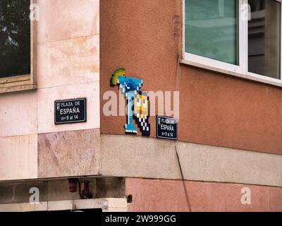 The Pixel Street Art on buildings in Madrid, Spain Stock Photo