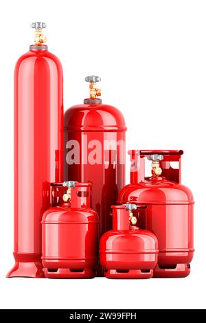 Set of propane cylinders with compressed gas, 3D rendering isolated on white background Stock Photo