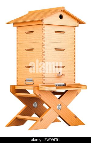 Frame Bee Hive, wooden beehive with stand. 3D rendering isolated on white background Stock Photo