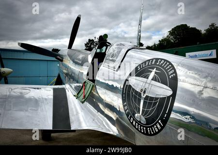 Supermarine Spitfire Mk.IX  The Silver Spitfire G-IRTY MJ271 Close Up Of The Fuselage At Dundee Airport, Scotland, United Kingdom Stock Photo