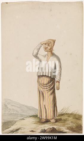 Woman with albinism with hand in front of the eyes, c. 1675 - c. 1725 drawing Woman with albinism in red/white/yellow striped sarong and white jacket. She holds her hand in front of her eyes against the bright light. Netherlands (possibly) paper. watercolor (paint)  woman with albinism - AA - female human figure. Asiatic races and peoples Dutch East Indies, The Stock Photo