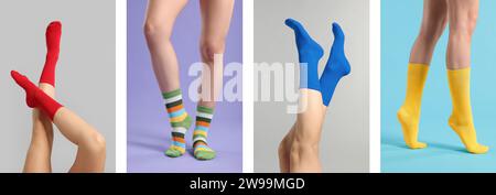 Women in different bright socks on color backgrounds, closeup. Collection of photos Stock Photo