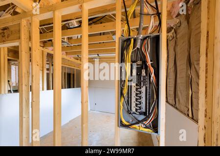 Switch box mounted on wall for circuit breaker is an electrical power control panel Stock Photo