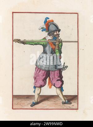 Soldier who carries his skewers with both hands horizontally at shoulder height, Jacques de Gheyn (II) (workshop or), after Jacques de Gheyn (II), c. 1597 - 1607 print A soldier, back, who wears a skewer (lance) with both hands horizontally at shoulder height. This print is part of the series of 32 hand -numbered prints of skewers in the arms handling. This copy printed with the number. The Hague paper engraving handling of weapons  military training. helved weapons, polearms (for striking, hacking, thrusting): lance Stock Photo