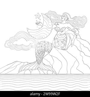 Mermaid in the sky line art design. Stock Vector