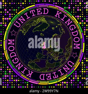 Futuristic United Kingdom on globe. Bright neon satellite view of the world centered to United Kingdom. Stock Vector