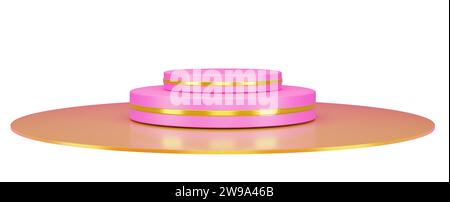 Realistic 3D hot pink and gold pedestal. Empty podium display for cosmetic product, fashion magazine. 3D Illustration. Stock Photo
